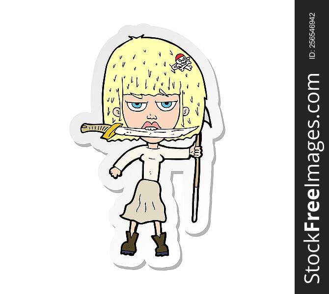 Sticker Of A Cartoon Woman With Knife And Harpoon