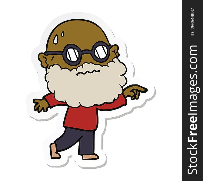 sticker of a cartoon worried man with beard and spectacles pointing finger