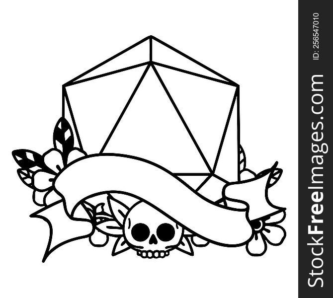 Black and White Tattoo linework Style natural one d20 dice roll. Black and White Tattoo linework Style natural one d20 dice roll