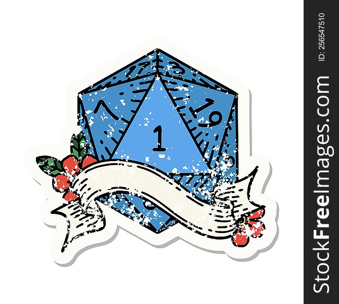 grunge sticker of a natural one d20 dice roll. grunge sticker of a natural one d20 dice roll