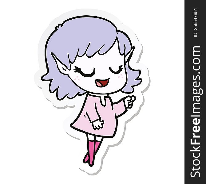 Sticker Of A Happy Cartoon Elf Girl Pointing