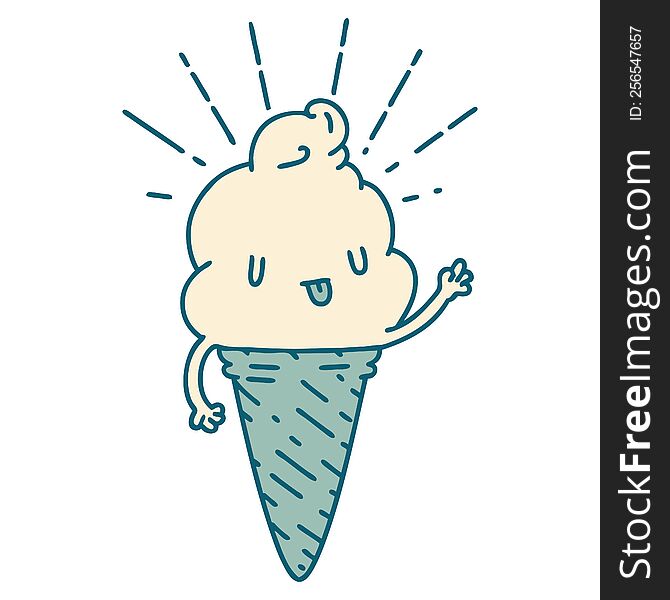 Traditional Tattoo Style Ice Cream Character Waving