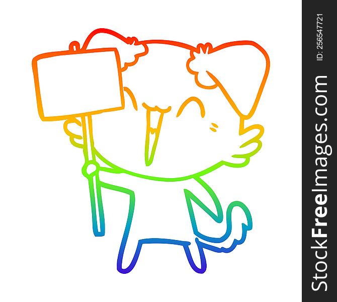 rainbow gradient line drawing of a happy little cartoon dog holding sign