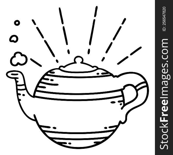 illustration of a traditional black line work tattoo style steaming teapot