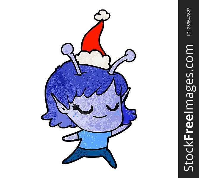 Smiling Alien Girl Textured Cartoon Of A Wearing Santa Hat