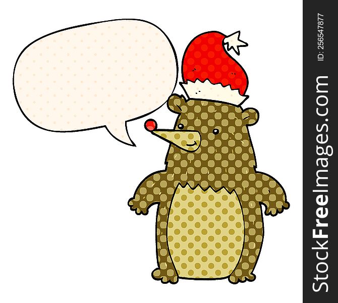 cartoon bear wearing christmas hat and speech bubble in comic book style