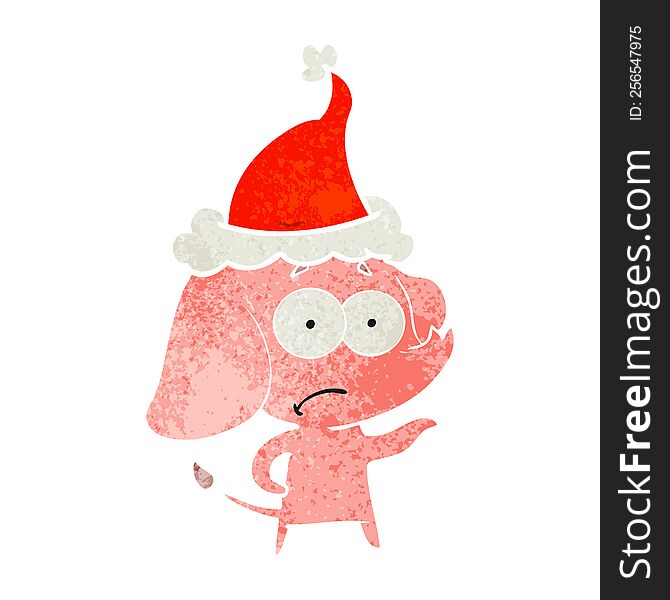 Retro Cartoon Of A Unsure Elephant Wearing Santa Hat