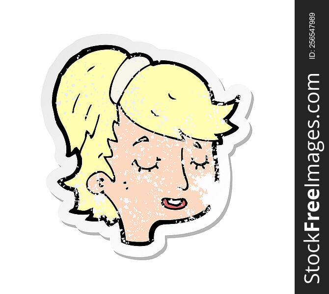 retro distressed sticker of a cartoon pretty female face