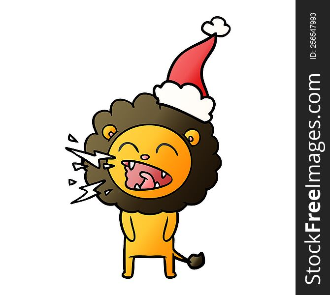 Gradient Cartoon Of A Roaring Lion Wearing Santa Hat
