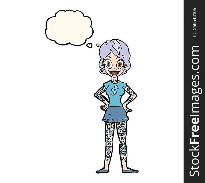 cartoon woman with heavy tattoos with thought bubble