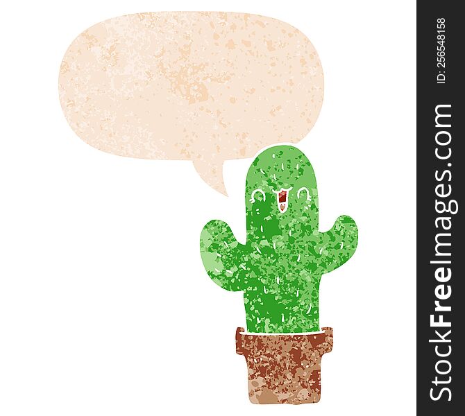 Cartoon Cactus And Speech Bubble In Retro Textured Style