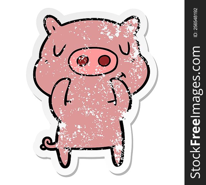 Distressed Sticker Of A Cartoon Content Pig