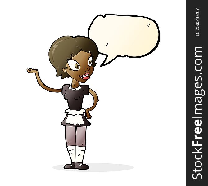 cartoon woman in maid costume with speech bubble