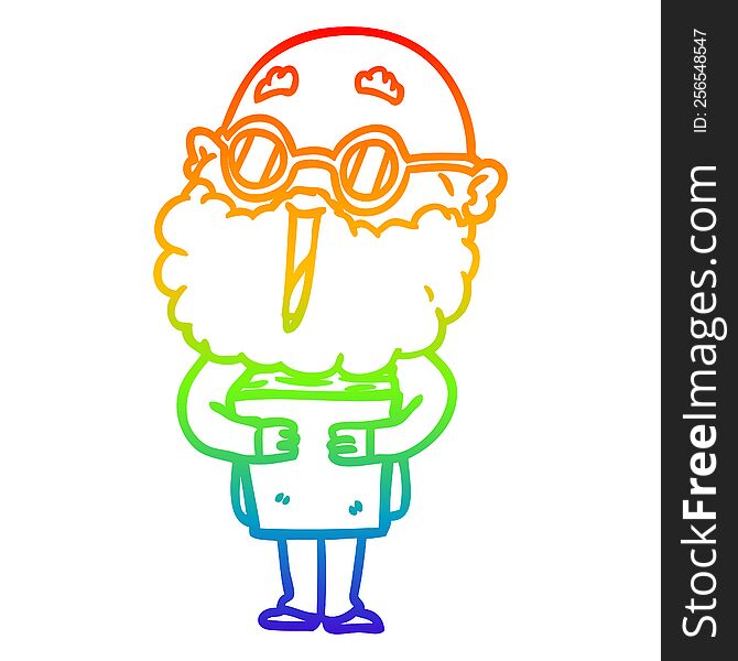 rainbow gradient line drawing of a cartoon joyful man with beard and book