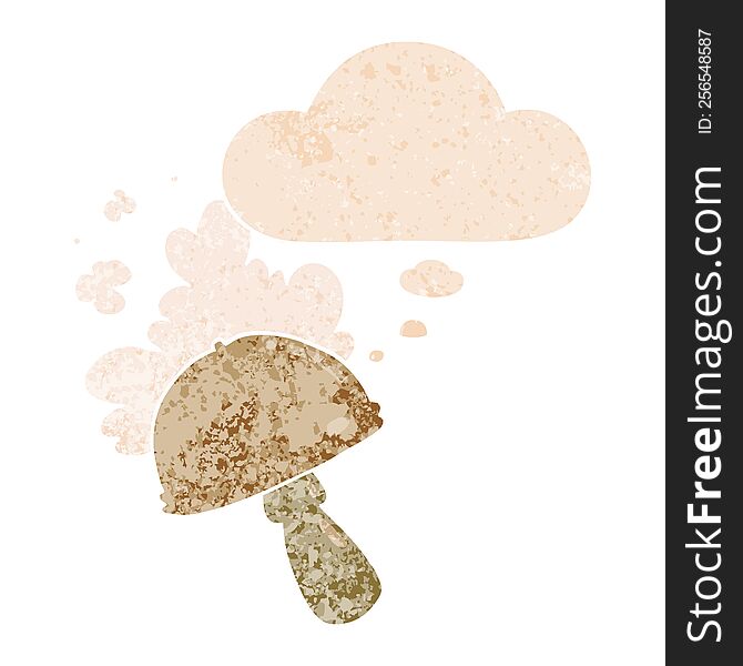 cartoon mushroom with spore cloud with thought bubble in grunge distressed retro textured style. cartoon mushroom with spore cloud with thought bubble in grunge distressed retro textured style