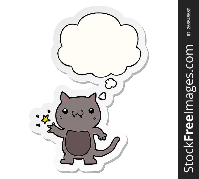 cartoon cat scratching and thought bubble as a printed sticker