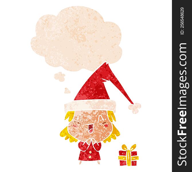 Cartoon Girl Wearing Christmas Hat And Thought Bubble In Retro Textured Style