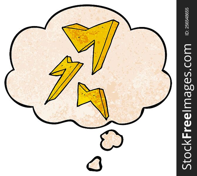 cartoon lightning bolt with thought bubble in grunge texture style. cartoon lightning bolt with thought bubble in grunge texture style