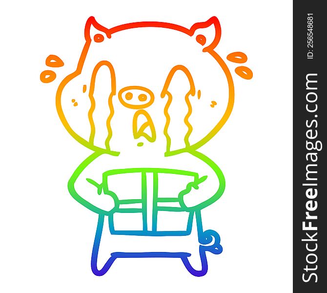 rainbow gradient line drawing of a crying pig cartoon delivering christmas present