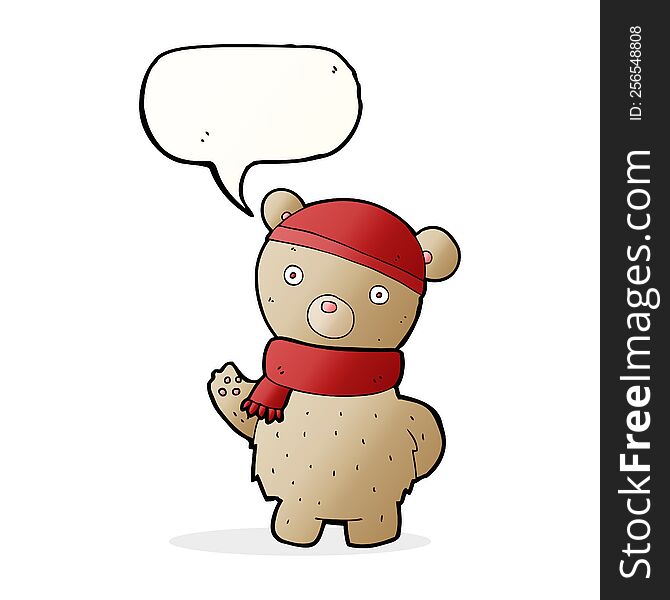 Cartoon Teddy Bear In Winter Hat And Scarf With Speech Bubble