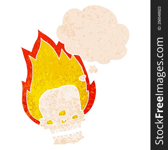 Spooky Cartoon Flaming Skull And Thought Bubble In Retro Textured Style