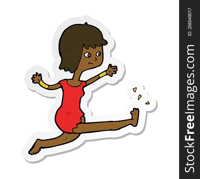 sticker of a cartoon happy woman kicking