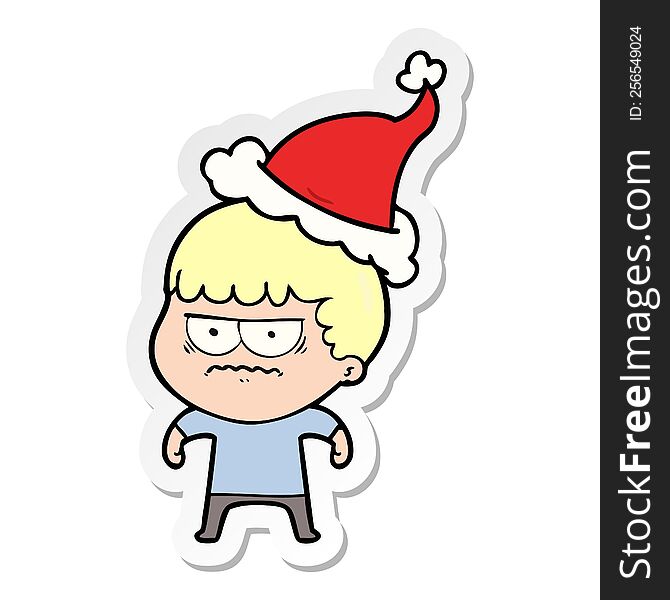 Sticker Cartoon Of A Annoyed Man Wearing Santa Hat