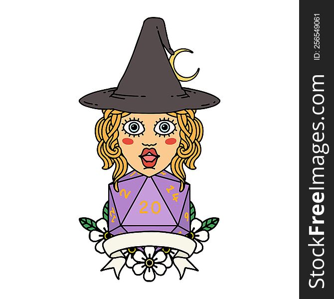 Human Witch With Natural Twenty Dice Roll Illustration