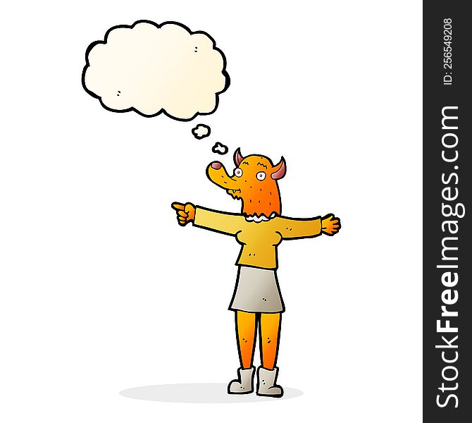 cartoon pointing fox woman with thought bubble