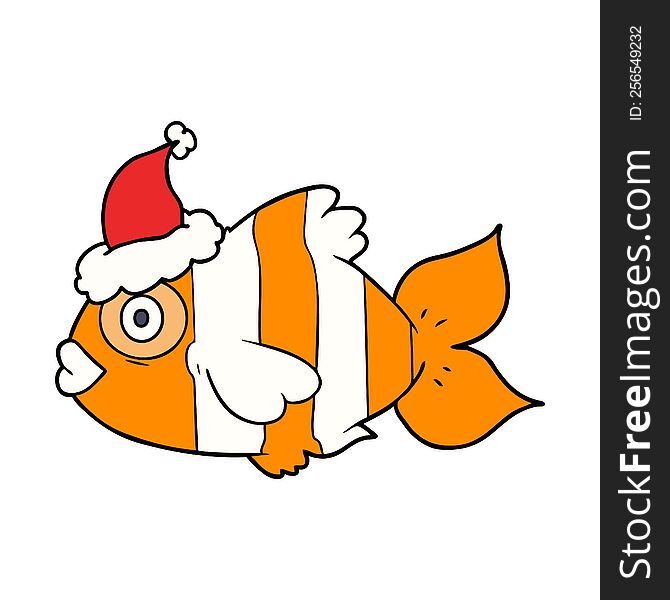 line drawing of a exotic fish wearing santa hat