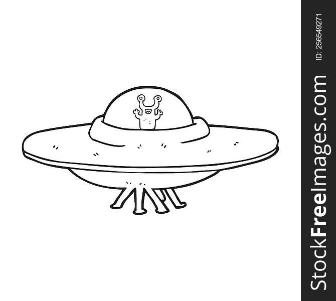freehand drawn black and white cartoon alien spaceship