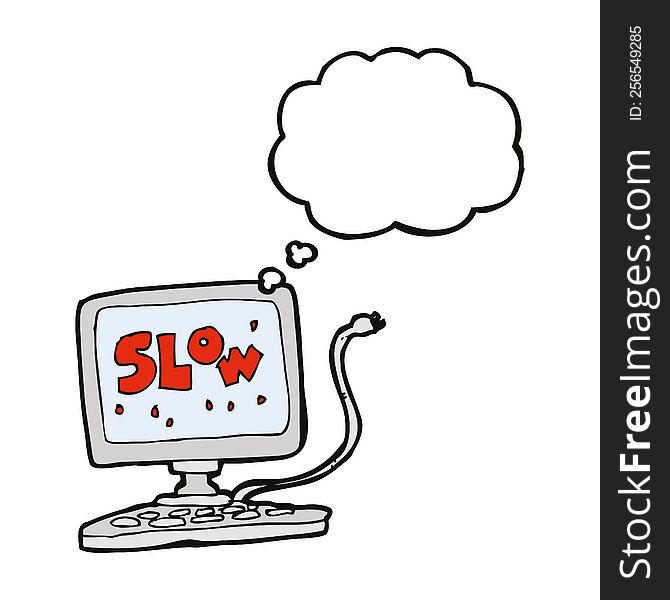 cartoon slow computer with thought bubble