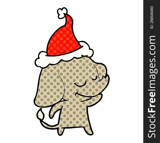 comic book style illustration of a smiling elephant wearing santa hat