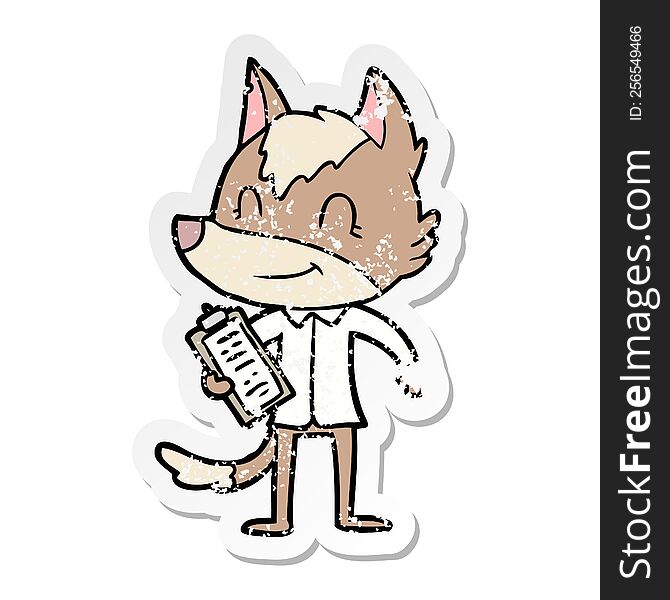 distressed sticker of a friendly cartoon wolf boss