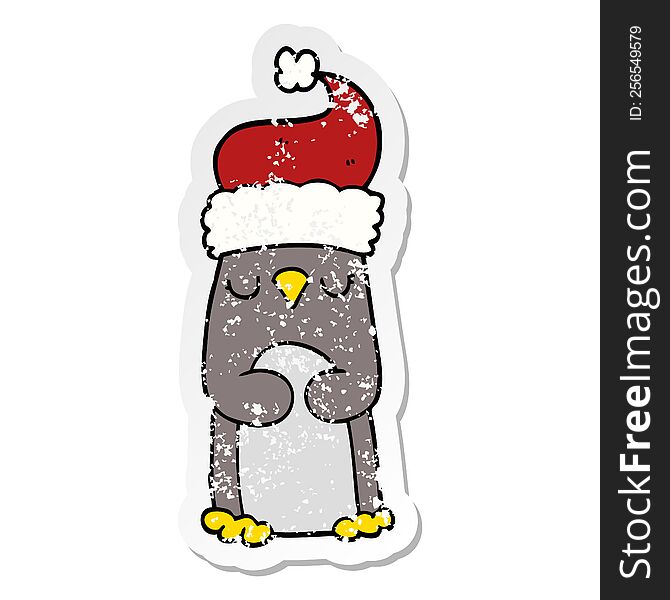 Distressed Sticker Of A Cartoon Christmas Penguin