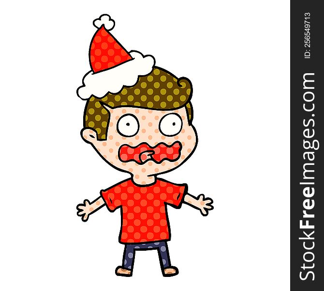 Comic Book Style Illustration Of A Man Totally Stressed Out Wearing Santa Hat