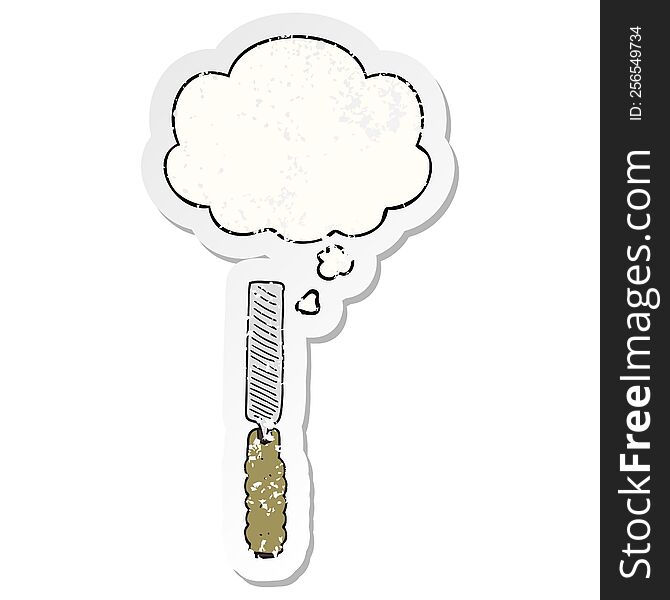 cartoon metal file with thought bubble as a distressed worn sticker