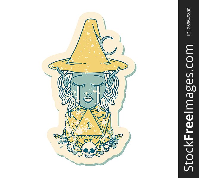 Retro Tattoo Style crying elf witch with natural one D20 roll. Retro Tattoo Style crying elf witch with natural one D20 roll
