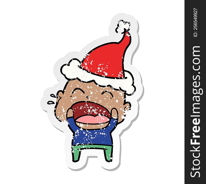 distressed sticker cartoon of a shouting bald man wearing santa hat