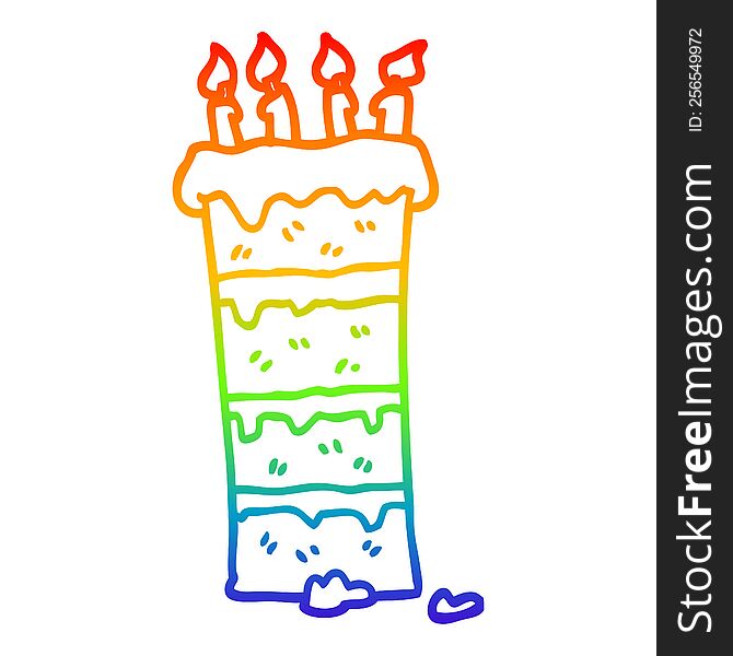 rainbow gradient line drawing of a huge cartoon birthday cake