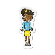 Free Retro Distressed Sticker Of A Cartoon Woman Shrugging Shoulders Stock Photo - 256552610
