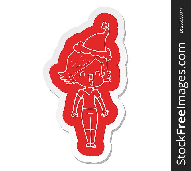 Cartoon  Sticker Of A Happy Woman Wearing Santa Hat