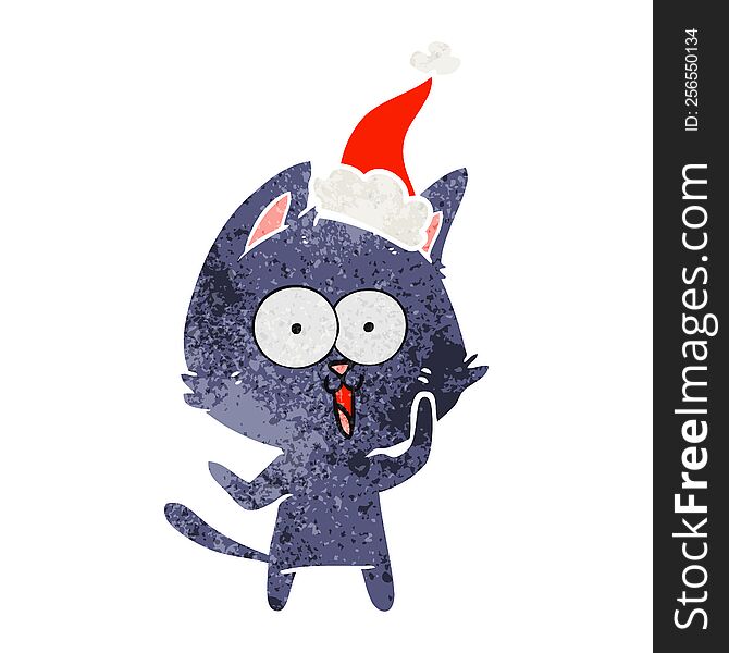 Funny Retro Cartoon Of A Cat Wearing Santa Hat