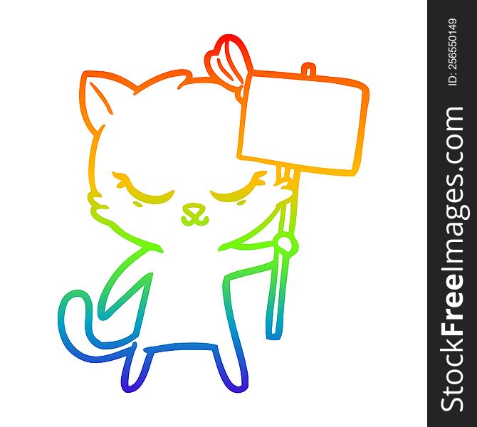 Rainbow Gradient Line Drawing Cute Cartoon Cat With Sign