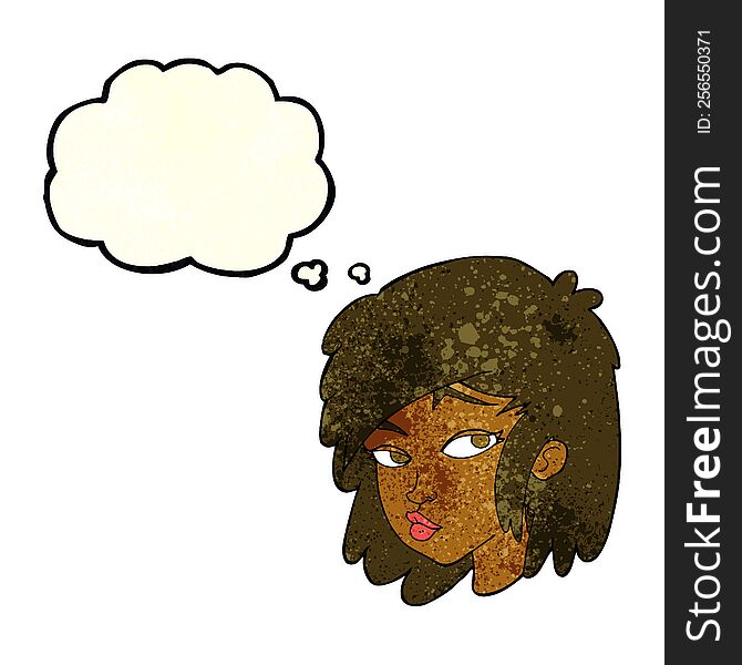 cartoon curious woman with thought bubble