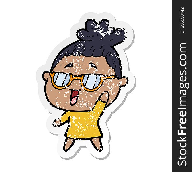 Distressed Sticker Of A Cartoon Happy Woman Wearing Spectacles