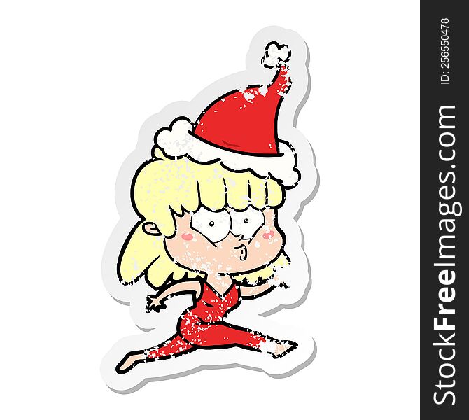 hand drawn distressed sticker cartoon of a woman running wearing santa hat