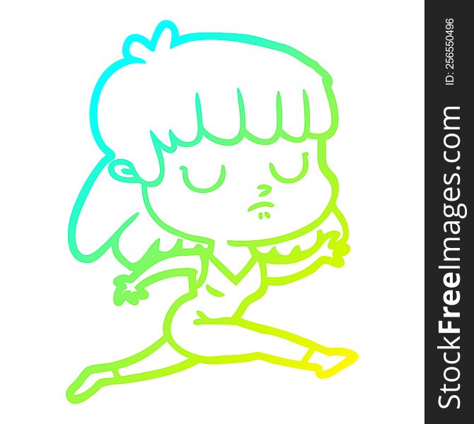 cold gradient line drawing of a cartoon indifferent woman running