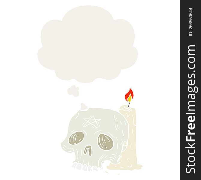 Cartoon Spooky Skull And Candle And Thought Bubble In Retro Style