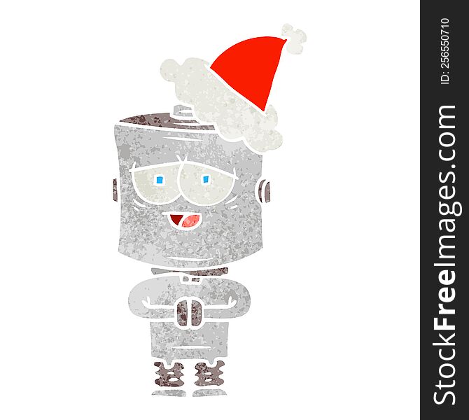 hand drawn retro cartoon of a robot wearing santa hat